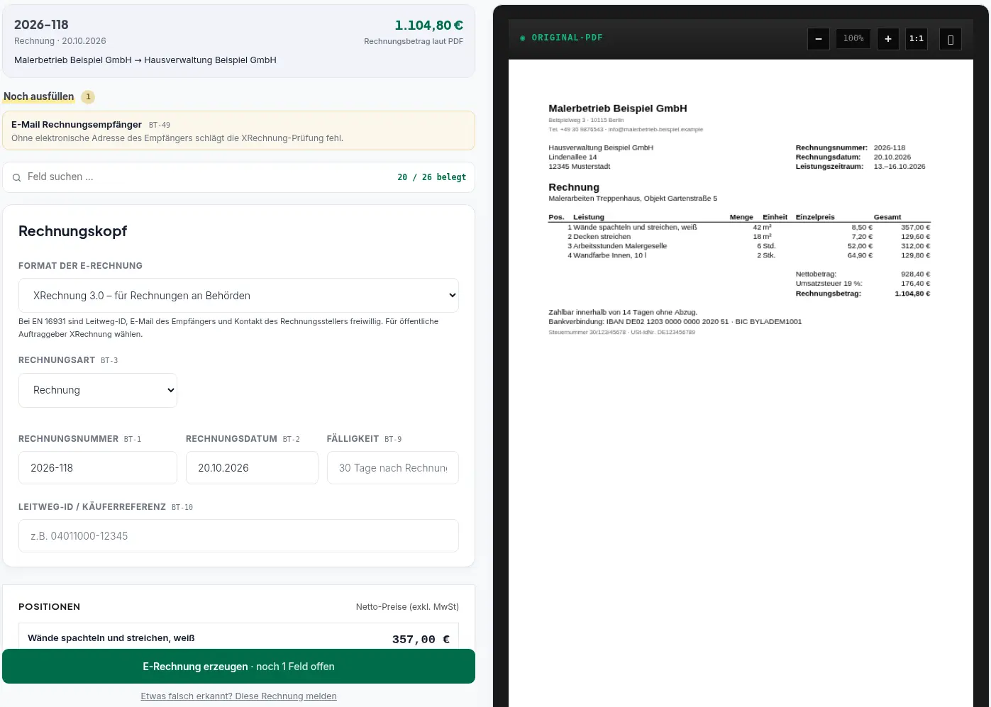 Prüfseite von rechnung3000 mit einer Excel-Rechnung eines Malerbetriebs: links Rechnungsnummer 2026-118 und Betrag 1.104,80 €, rechts das aus der Excel-Datei erzeugte PDF