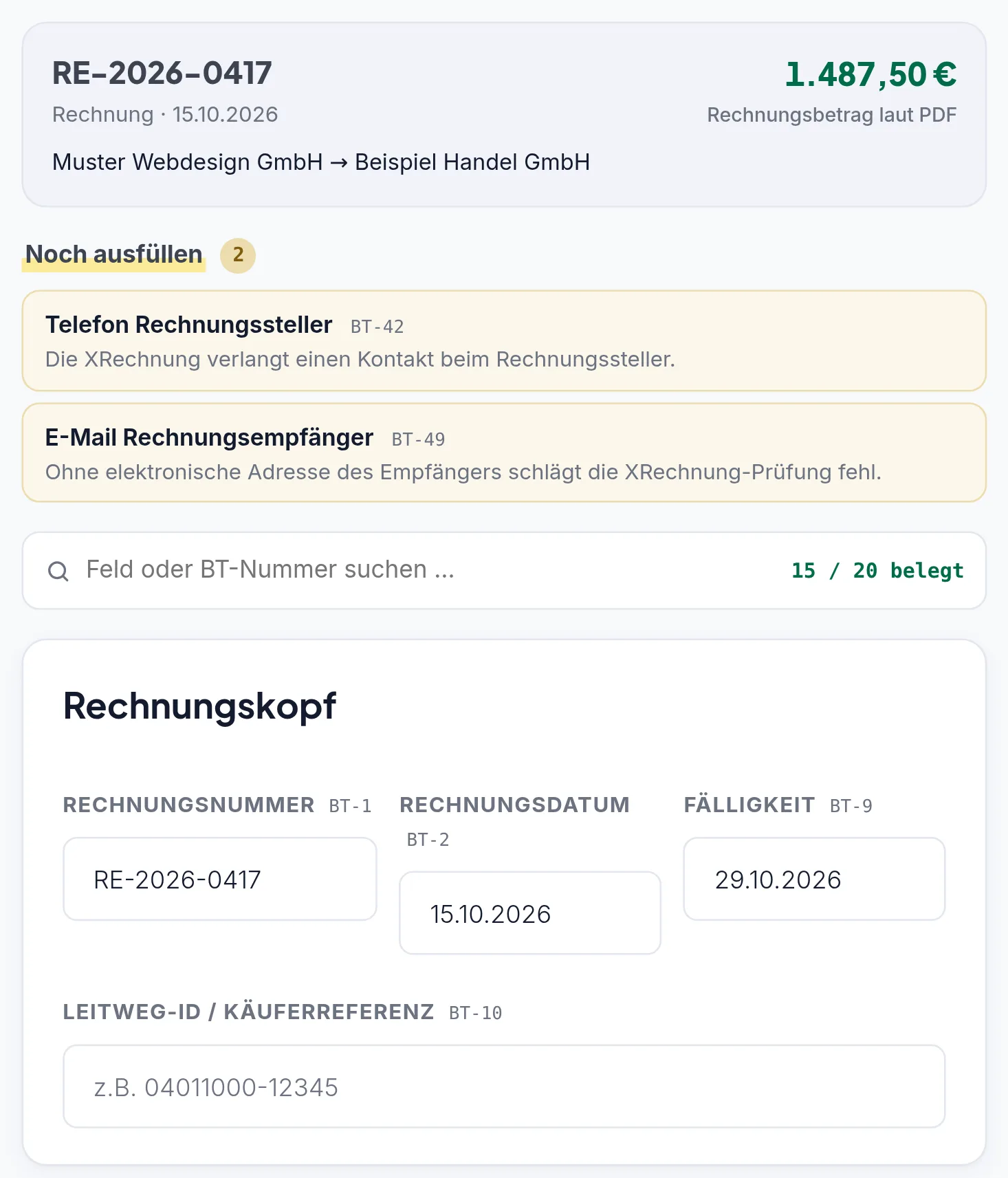 Ausschnitt der Prüfseite von rechnung3000: offene Pflichtangaben Telefon des Rechnungsstellers (BT-42) und E-Mail des Rechnungsempfängers (BT-49), darunter das Feld Leitweg-ID / Käuferreferenz (BT-10)