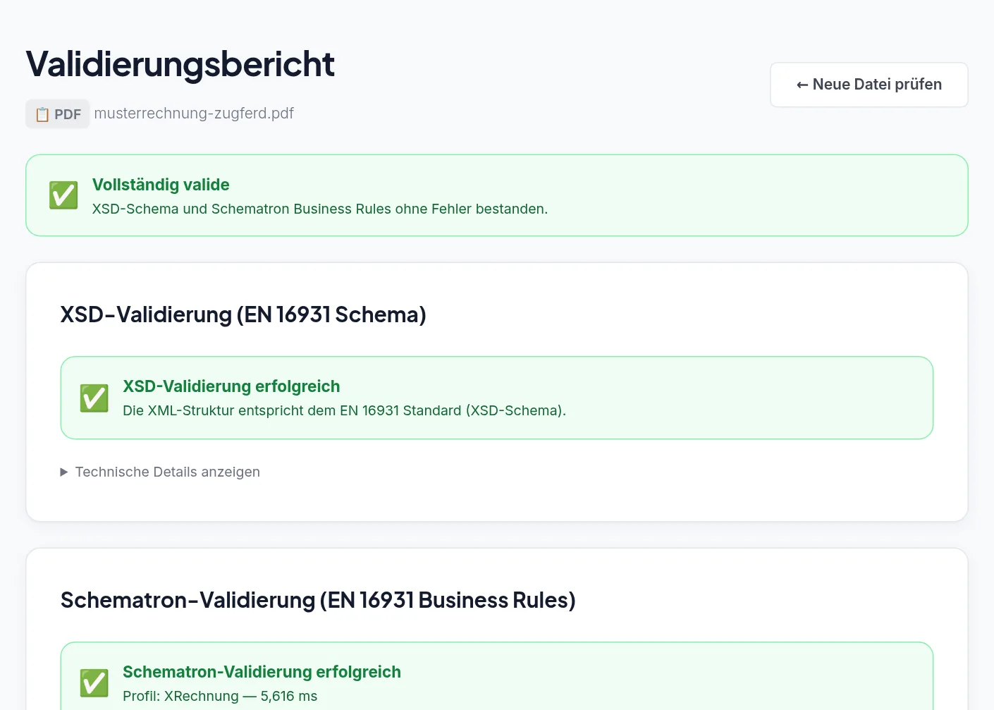 Ergebnis des ZUGFeRD-Validators von rechnung3000: XSD-Schema und Schematron-Regeln bestanden